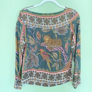 XXS J. Crew Green Botanical Cheetah Print Silk Shirt